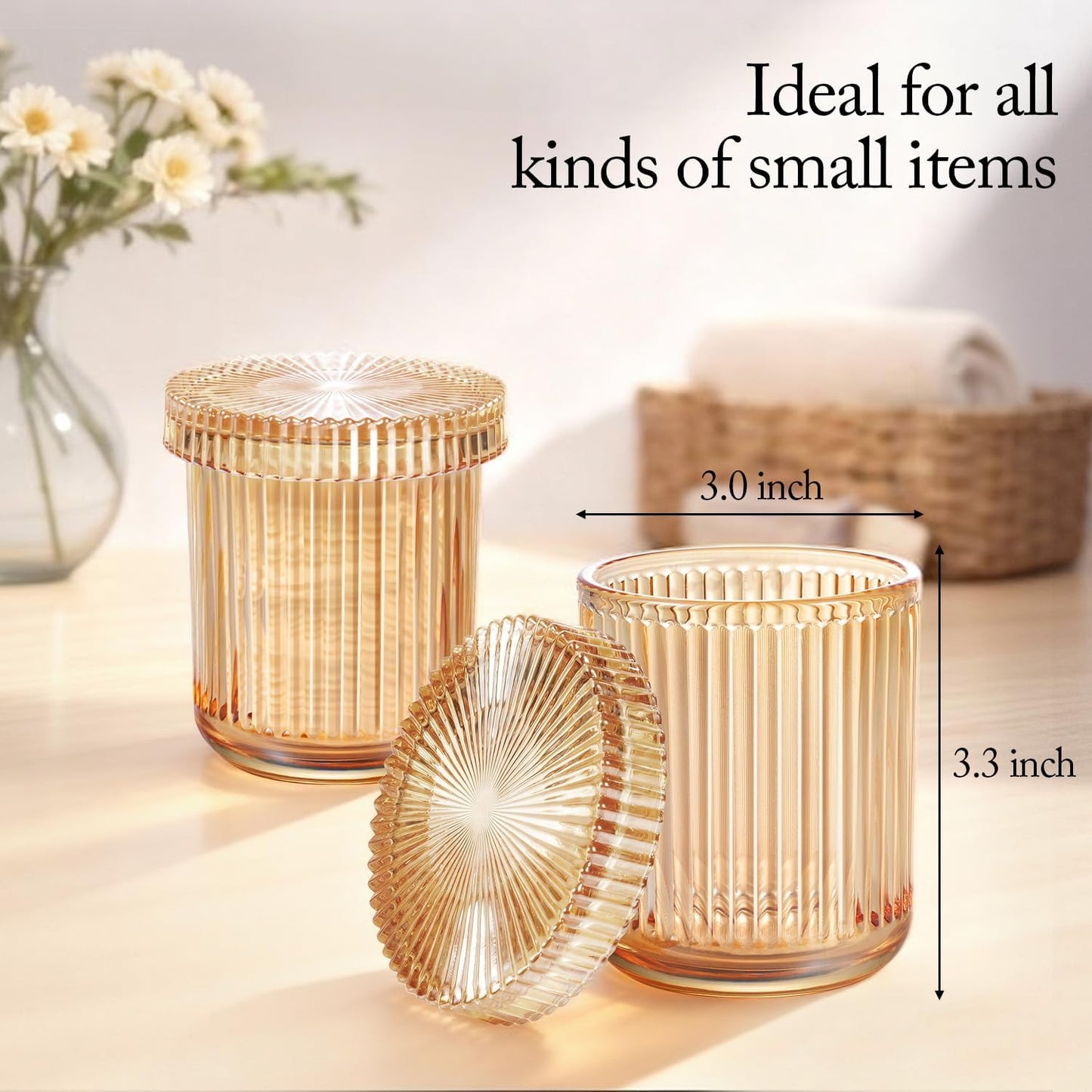 SheeChung 2 Pack Glass Qtip Holder Dispenser, Amber Apothecary Jars | -Bathroom Organizer & Storage Set -Vanity Canister for Cotton Swabs, Balls, Pads - Luxury Modern Farmhouse Decor
