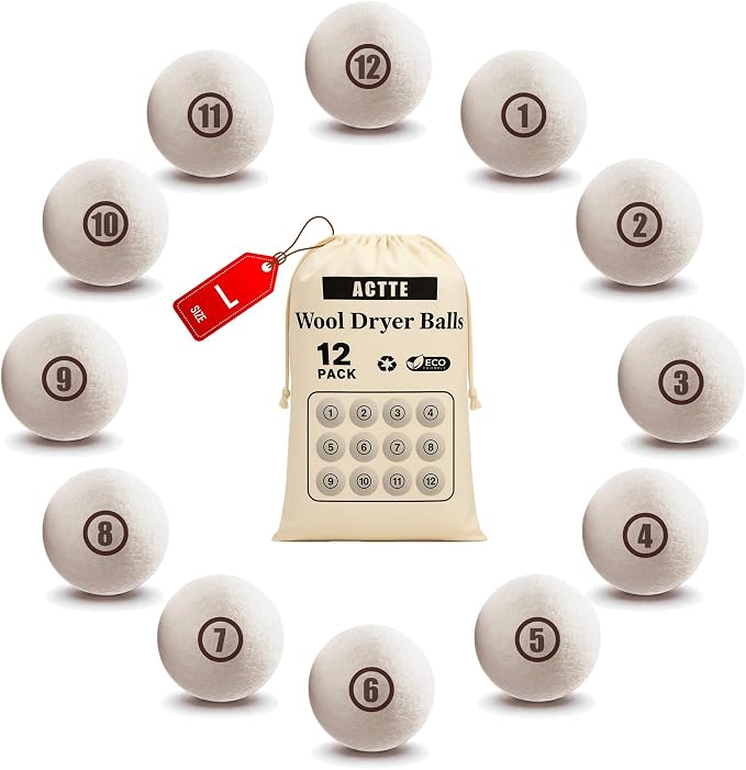 Sheep Wool Dryer Balls 12 Pack L Premium Natural Fabric Softener, Reusable by ACTTE