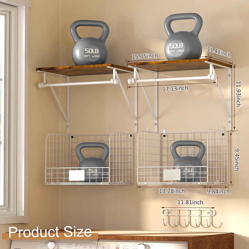 DAOUTIME 2 Set Laundry Room Wall Mounted Shelves With Wire Storage Baskets, O...