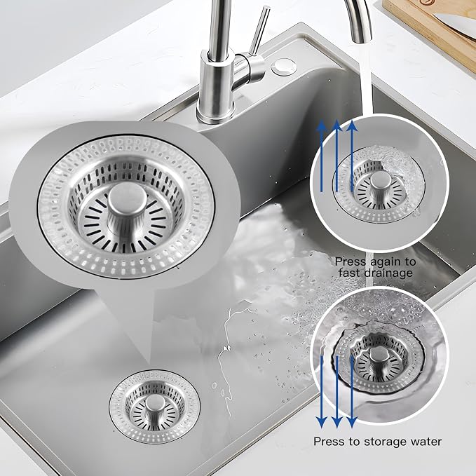 3 in 1 Kitchen Sink Drain Strainer Stopper, Stainless Steel Pop Up Sink Stopper - Image 2