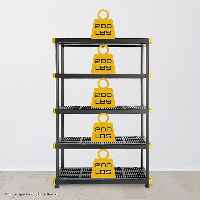 CX Black & Yellow®, 5-Tier Heavy Duty Plastic Storage Shelving Unit, - Image 4