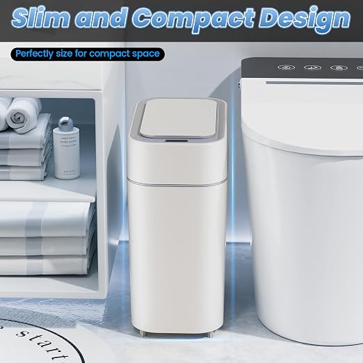 Bathroom Trash Can with Lid: 2.3 Gal Small Slim Motion Sensor Wastebasket - Image 4