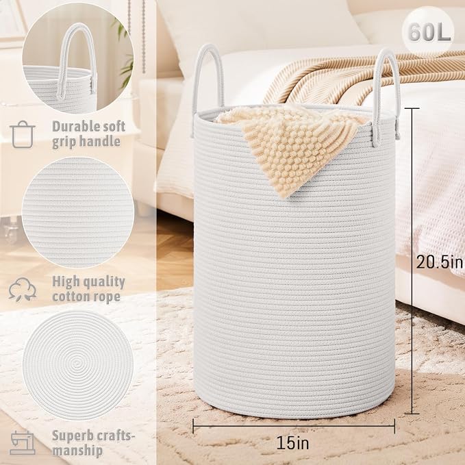 Laundry Basket, Woven Cotton Rope Laundry Hamper, 60L - Image 6