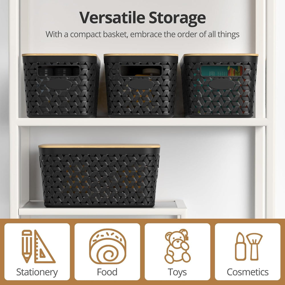 Plastic Storage Bins with Bamboo Lids, Stackable Small Box Baskets for Organi...