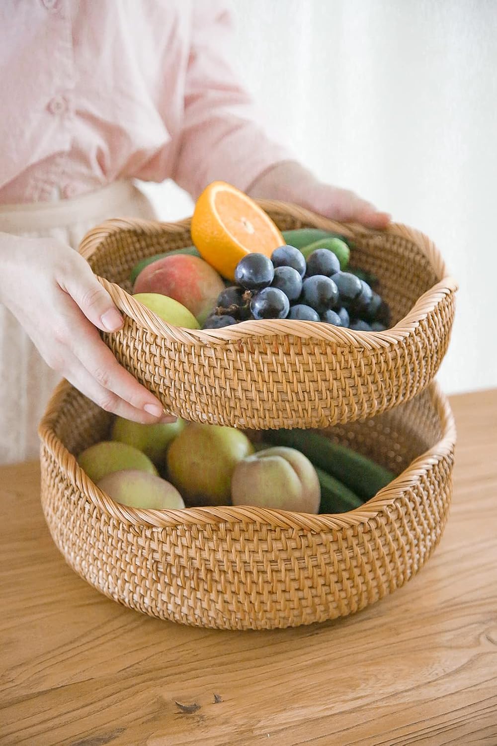 HITOMEN Handmade Rattan Bread Baskets Round Wicker Fruit Serving Storage Bowl...
