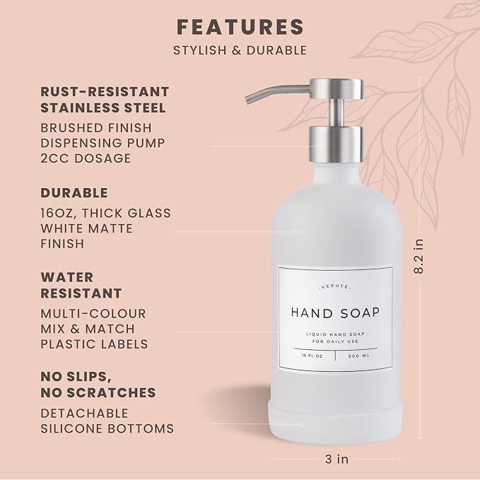 16oz Glass Soap Dispenser with Stainless Steel Pump, 21 Waterproof Labels - Image 6