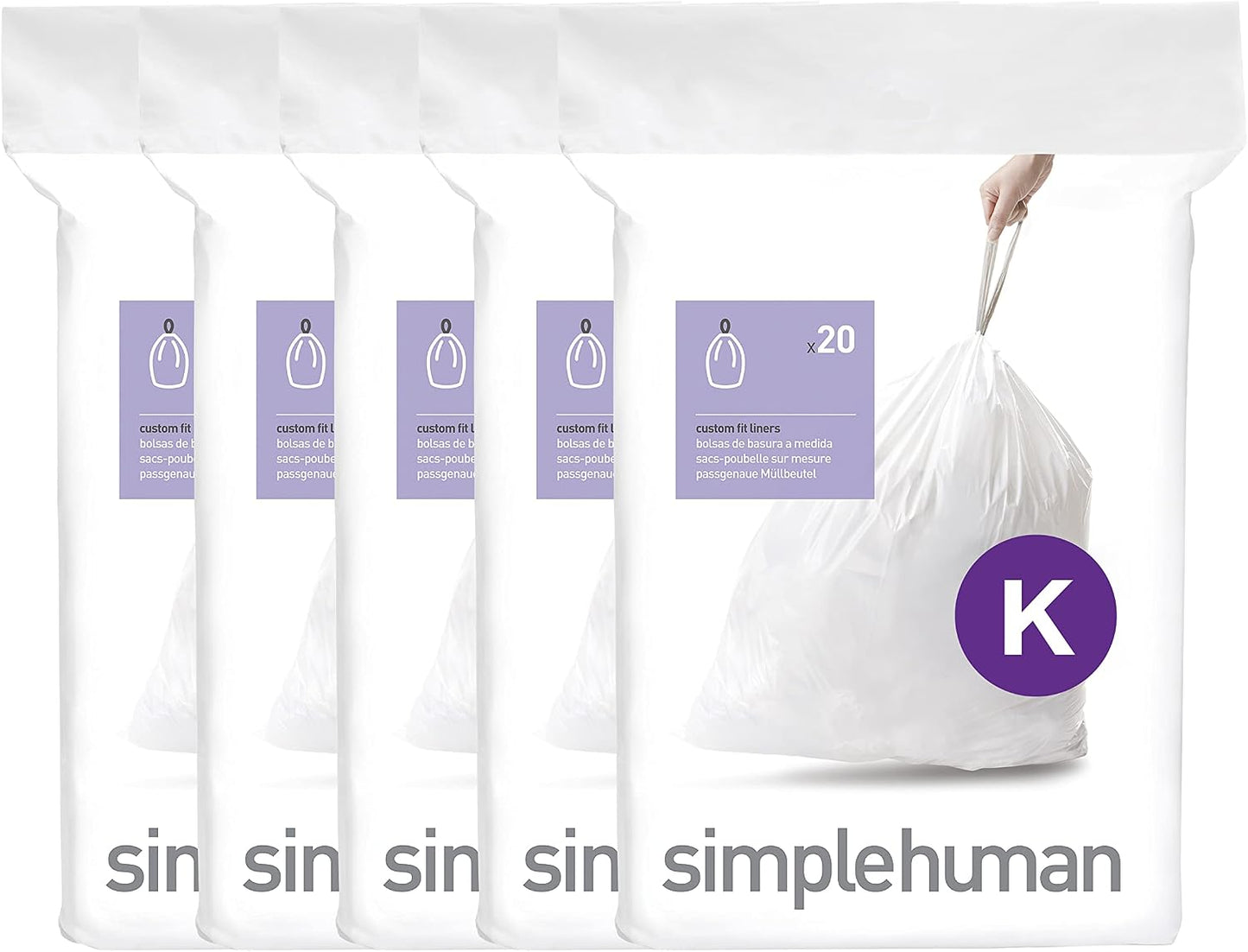 simplehuman Code K 100 Count Custom Fit Liners, Drawstring Kitchen Trash Bags, One-by-One Mess-Free Dispense, Extra Thick & Double Seamed, 50% PCR Plastic, 30-45 Liter / 8-12 Gallon, White