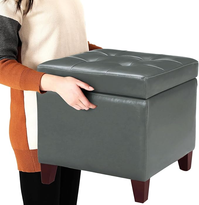 Adeco Bonded Leather Square Tufted Cubic Cube Footstool, - Image 4