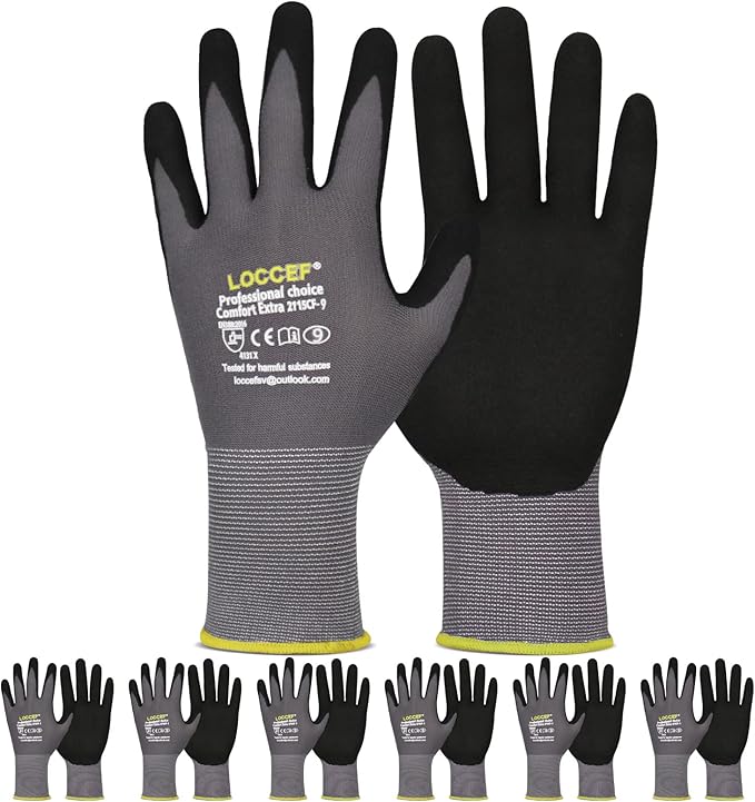 LOCCEF Work Gloves MicroFoam Nitrile Coated-6 Pairs, Seamless Knit Nylon Gloves by LOCCEF