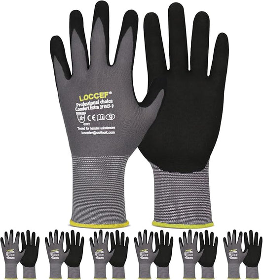 LOCCEF Work Gloves MicroFoam Nitrile Coated-6 Pairs, Seamless Knit Nylon Gloves by LOCCEF