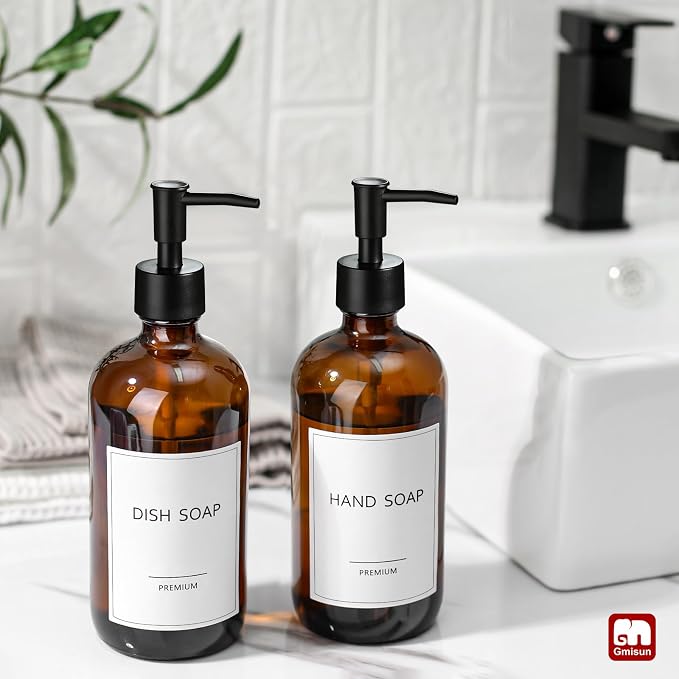 GMISUN Amber Glass Soap Dispenser, 2 Pack Bathroom Hand Soap Dispensers - Image 4