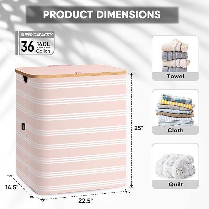 BALEINE Laundry Hamper with Lid, Tall Laundry Baskets with Bamboo Pull Handles - Image 4