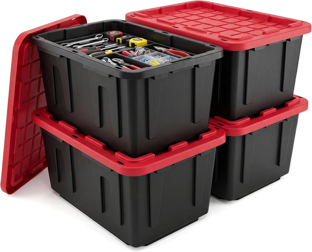 4‑Pack 27 Gallon Stackable Storage Bin, Locking Red Lid Black Body