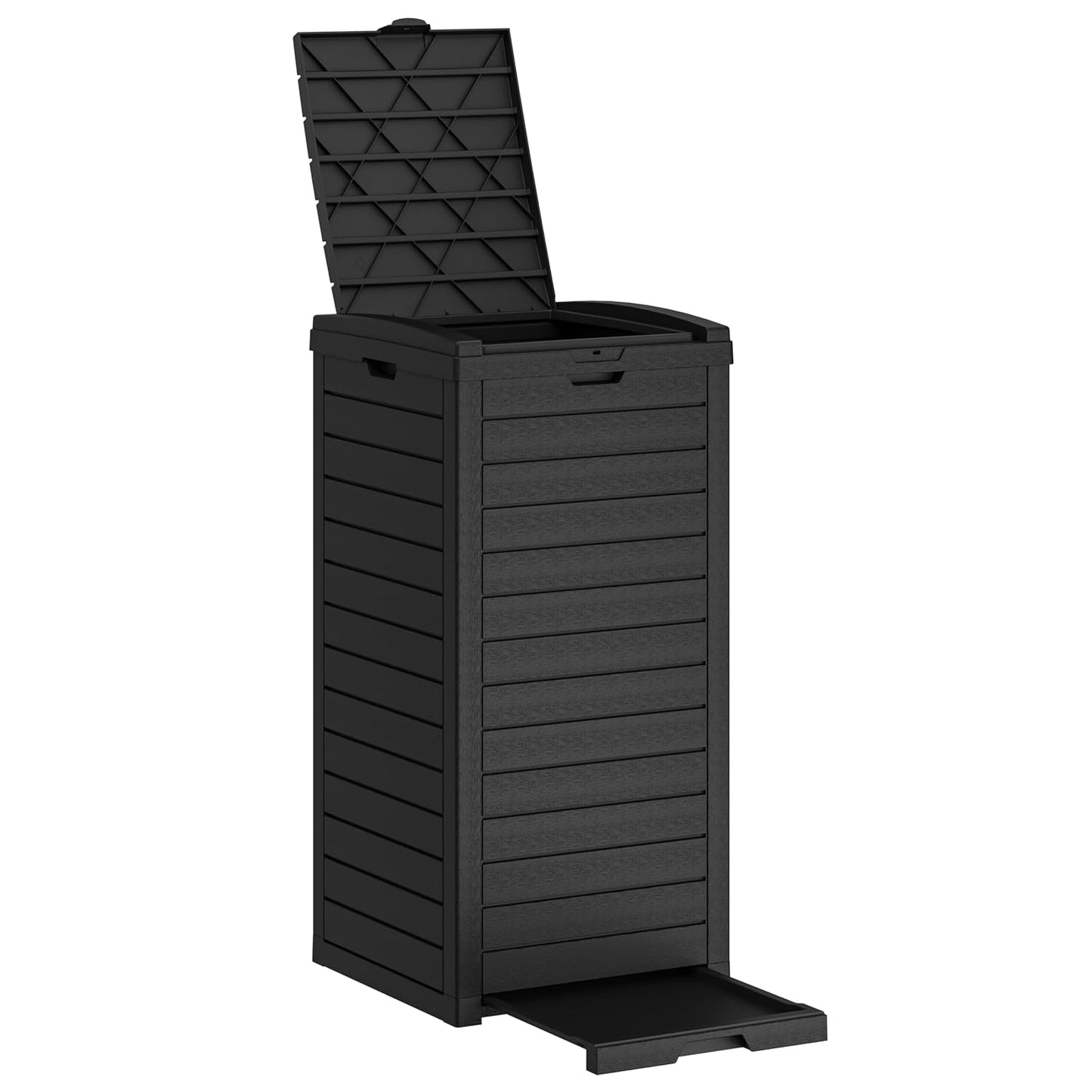 Waterproof Outdoor Trash Can with Lid, Plastic Outdoor Garbage Can with Drip Tray, Large Trash Can Outside for Patio, Garage, Pool, Garden, Backyard & Deck, Jet Black (31 Gallon)
