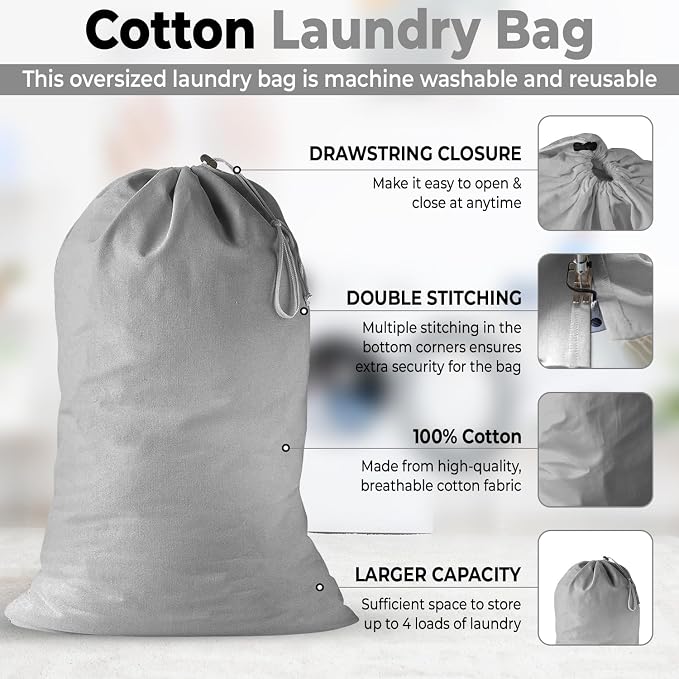 2 Pack - Extra Large Cotton Laundry Bag, Heavy Duty Large Laundry Bags 24 x 36 - Image 5