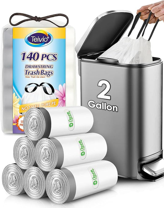 Teivio 2 Gallon 140pcs Strong Drawstring Trash Bags Garbage Bags, Bathroom by Teivio