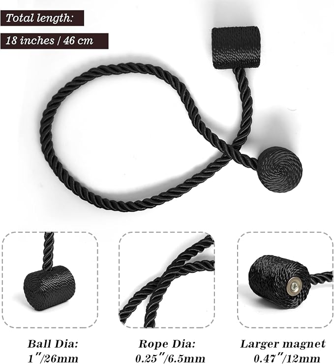 Hion Magnetic Curtain Tiebacks Black 2pcs, Curtain Tiebacks Buckles Holdbacks - Image 3
