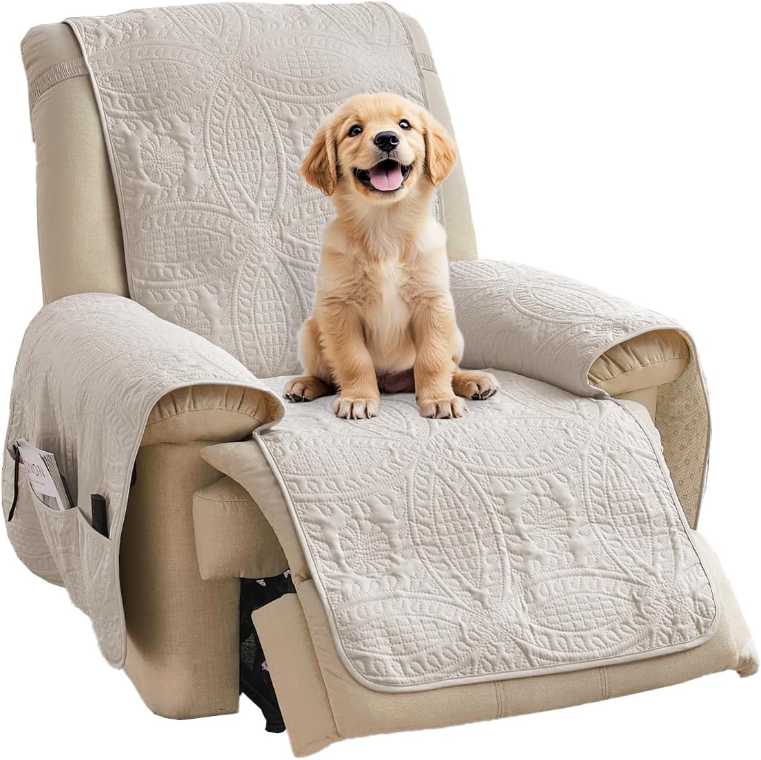 Beige Quilted Recliner Chair Covers, Water-Repellent Recliner Slipcovers, Lazy Boy Chair Covers, Pet Friendly Recliner Covers for Dog, Washable Armchair Protector (Recliner 22", Beige Cream)