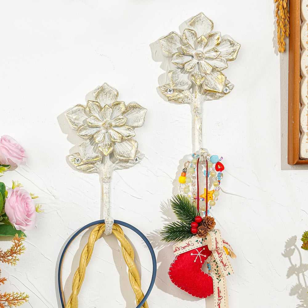 Sungmor 2 Pack Cast Iron Coat Hooks - Flower Shaped& Rustic White