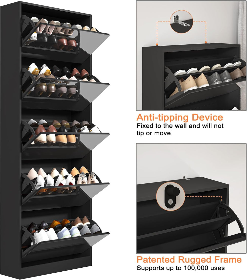 Mirrored Shoe Storage Cabinet with 5 Flip Drawers, 30 Pairs