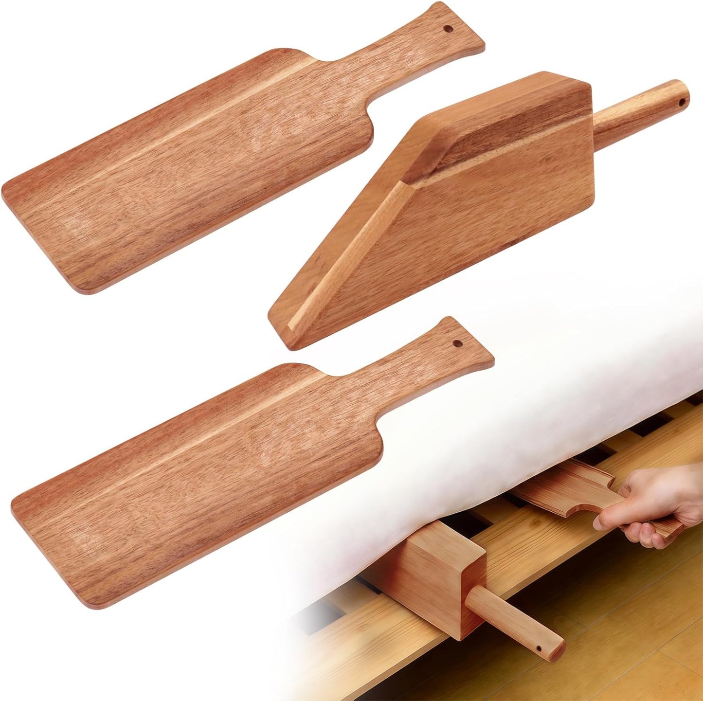 3 Pcs Mattress Lifter & Sheet Tucker Tool Set for Changing Sheets, Easy Lever-Action Lift Comfort Grip, Acacia Wood Mattress Elevator Tool for Elderly, Caregivers, Housekeepers, Daily Bed Making