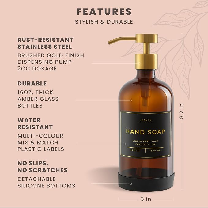 16oz Glass Soap Dispenser with Stainless Steel Pump, 21 Waterproof Labels - Image 6