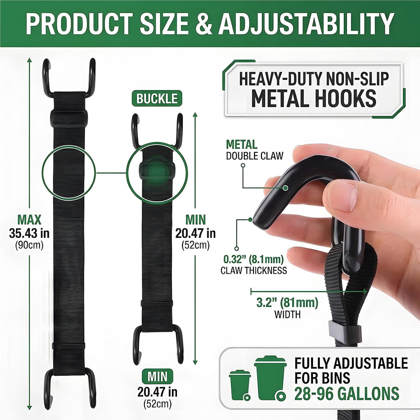 Metal Double Claw Trash Can Lid Lock | Animal‑proof, windproof strap with universal fit for 28–96 gallon bins. Adjustable non‑slip hooks and no‑drill lid closure