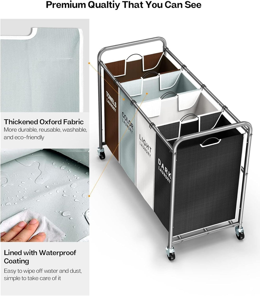 ROMOON Laundry Hamper Sorter Cart, 4-Section Organizer with Lockable Wheels