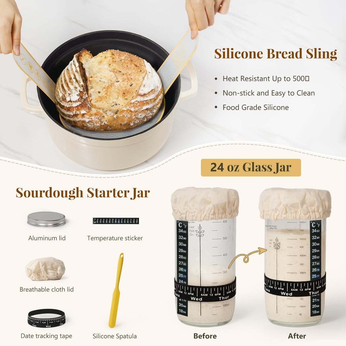 BAVIFY Sourdough Starter Kit, Banneton Bread Proofing Baskets Set | Complete Sourdough Bread Baking Supplies, Beginner Friendly, 9 in Round and 10 in Oval Rattan Banneton & 24 oz Starter Jar