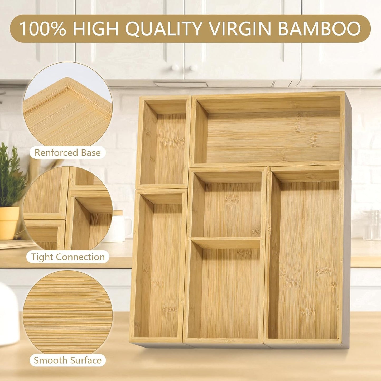 5 Pack Bamboo Drawer Organizer Set, Multi-Use Junk Drawer Organizer for Bathroom, Kitchen, Office, Jewelry, Makeup