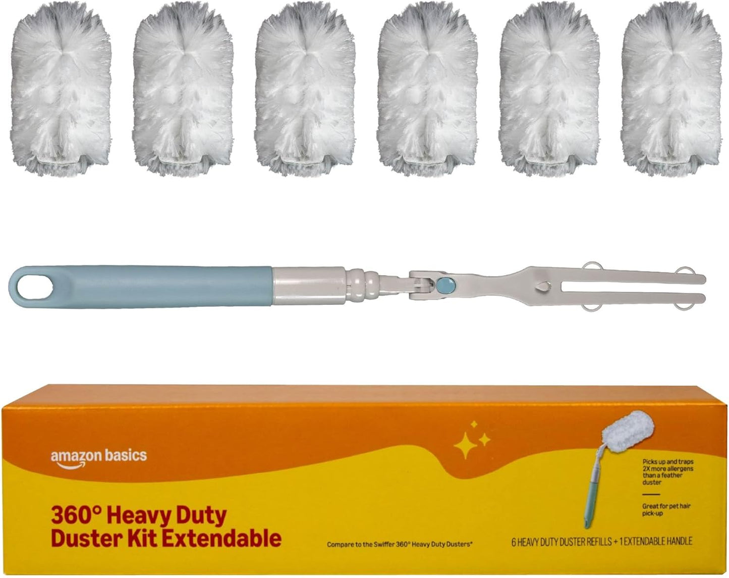Amazon Basics 360° Heavy Duty Duster Kit with Extendable Handle and 6 Microfiber Plumes Refills for Pet Hair