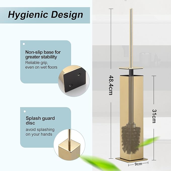 Gold Toilet Brush with Holder 304 Stainless Steel Toilet Bowl Brush, Square - Image 3