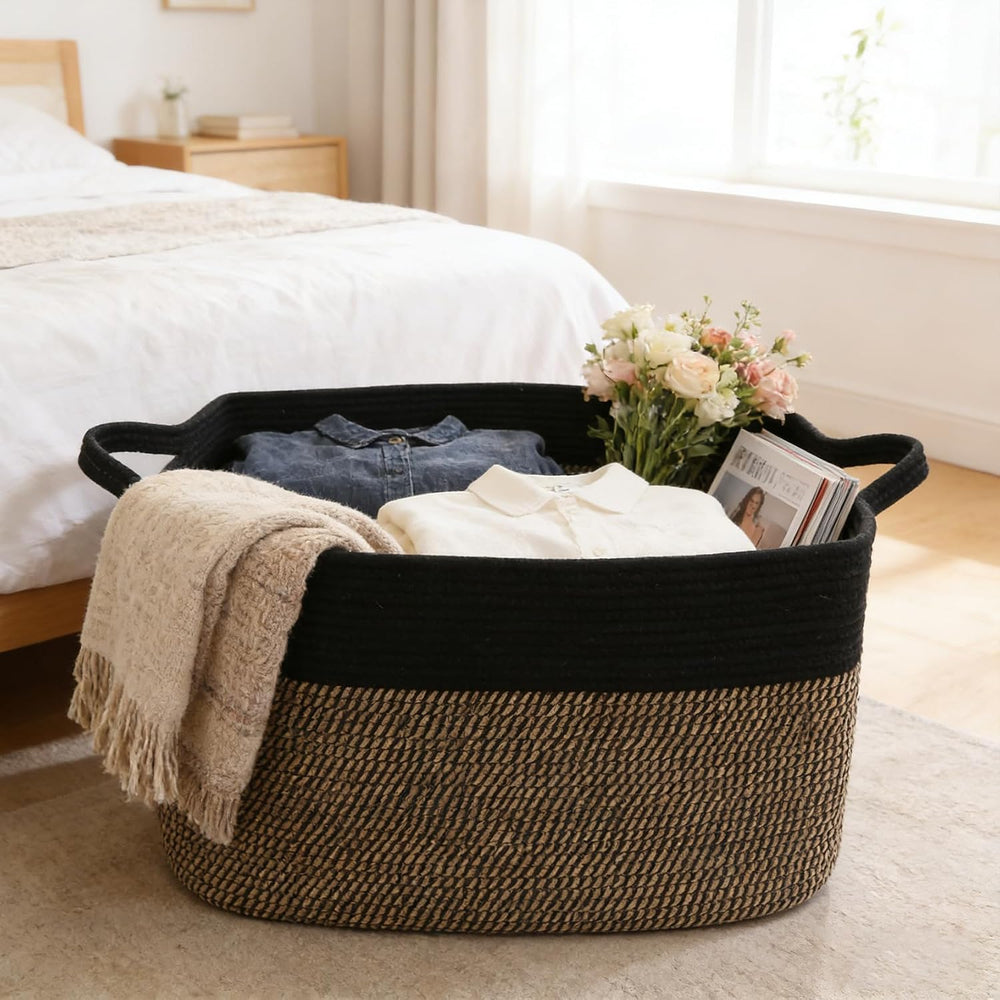 96L Laundry Basket with Handles, Extra Blanket Basket, Black/Jute
