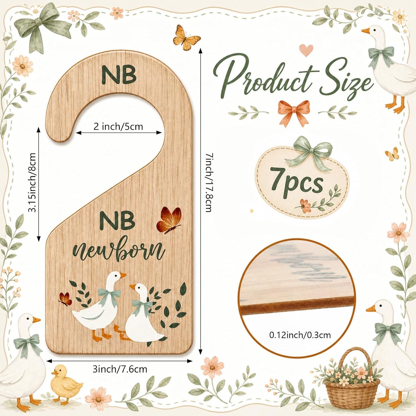 RattanView 7 Pcs Retro Goose Baby Closet Dividers for Clothes Organizer Double Sided Wooden Nursery Closet Dividers for Baby Boy Girl Newborn to 24 Months Home Nursery Supplies