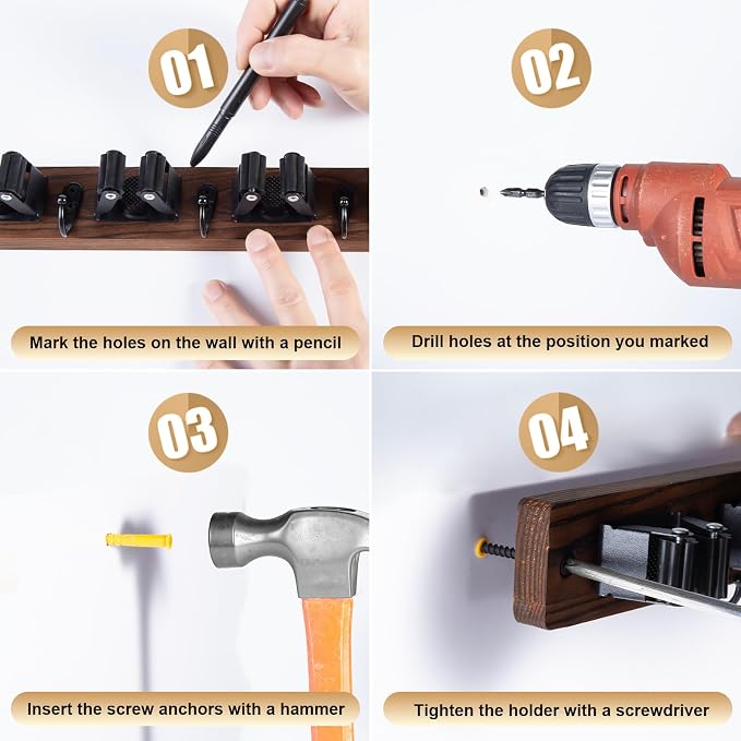 Broom Holder Wall Mount With 5 Slots & 4 Hooks，Rustic Wood Broom & Mop - Image 7