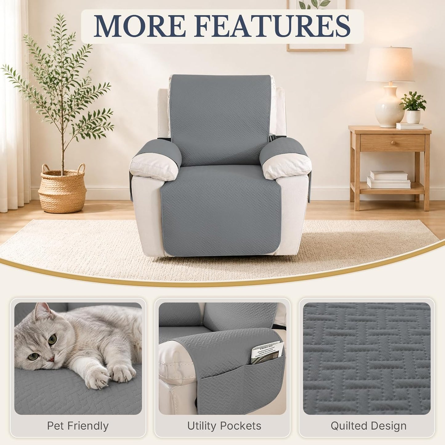 Recliner Chair Covers, 100% Waterproof Non-Slip Chair Cover Dog Furniture Protector Recliner Covers Washable Slipcover with Pocket, Elastic Straps for Pets, Dogs,23.6",Dark Gray