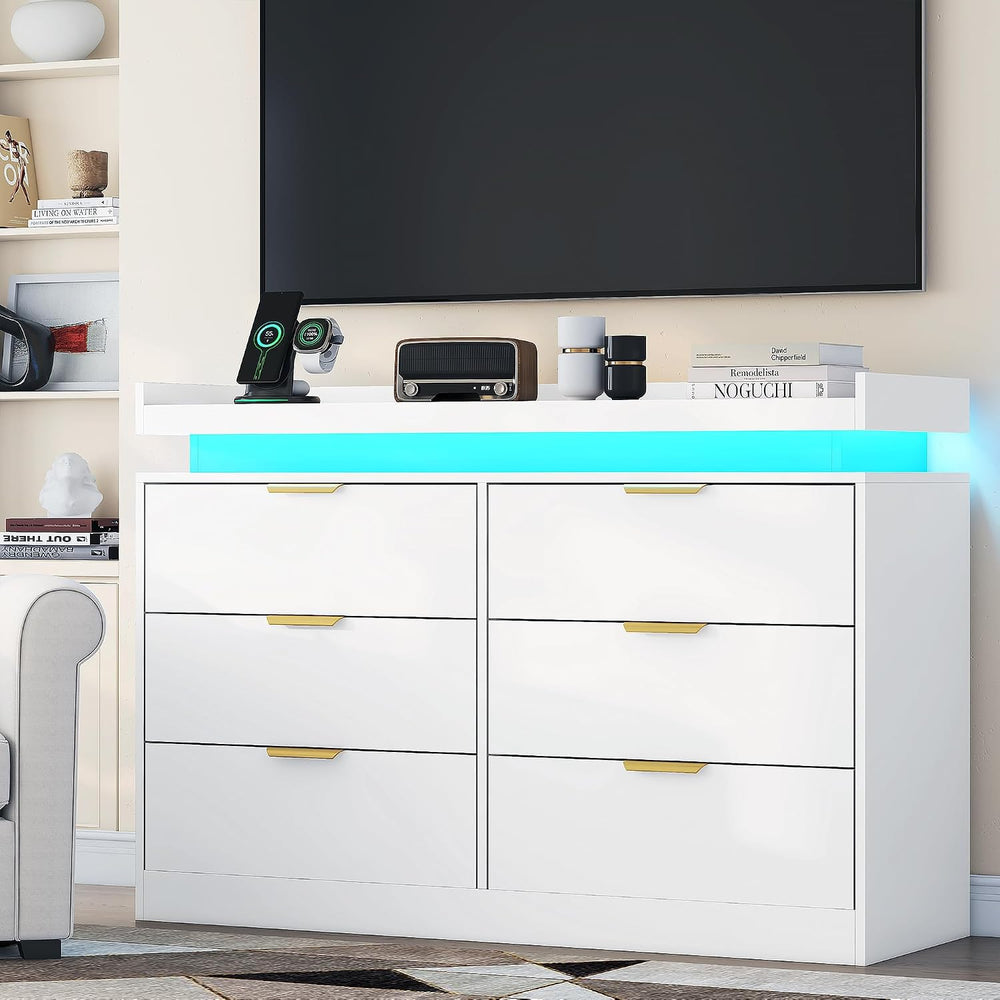 UNIQUITE 6 Drawer Dresser for Bedroom, White Dresser with LED Lights and Powe...
