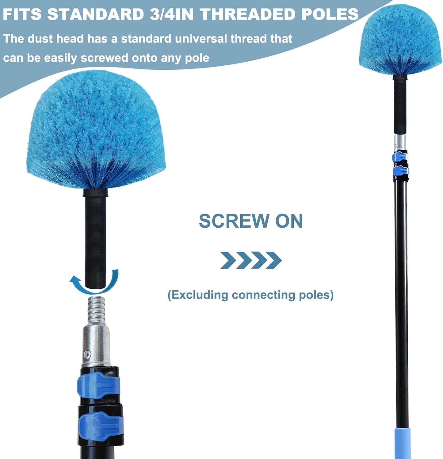 2 Pack Robust Cobweb Duster Head Brush – Superior Twist-On Web Cleaning Tool – Spider Web Remover Brush Compatible with Standard 3/4 Inch Threaded Poles for Outdoor & Indoor Use – Head Only (Blue)