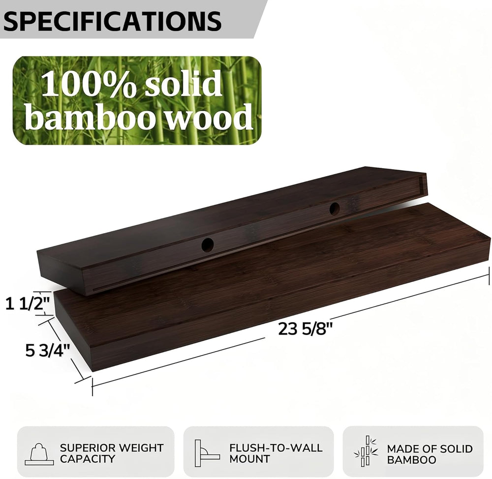 BAMEOS Solid Bamboo Floating Shelves, Set of 2 with Invisible Brackets, Natur...