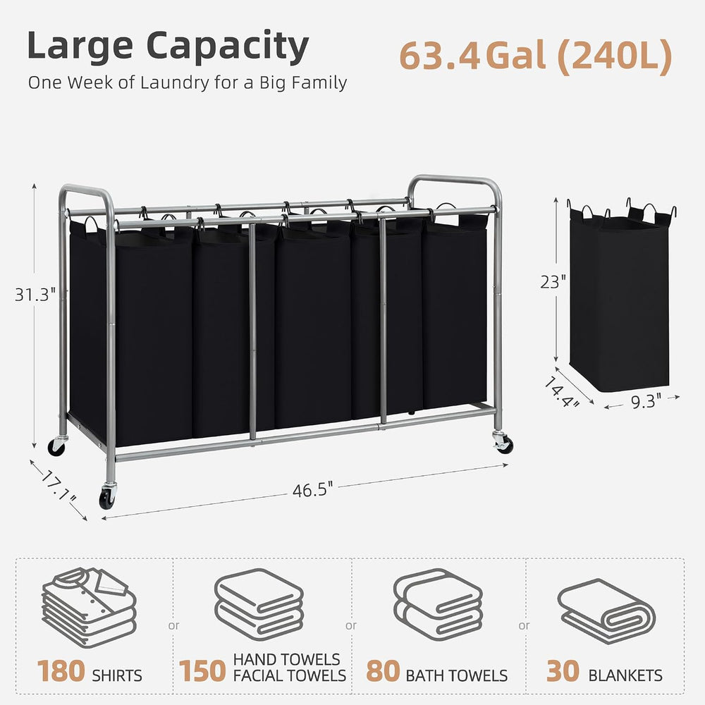 STORAGE MANIAC 5 Section Laundry Sorter, 5 Bins Rolling Separator Laundry Bas...
