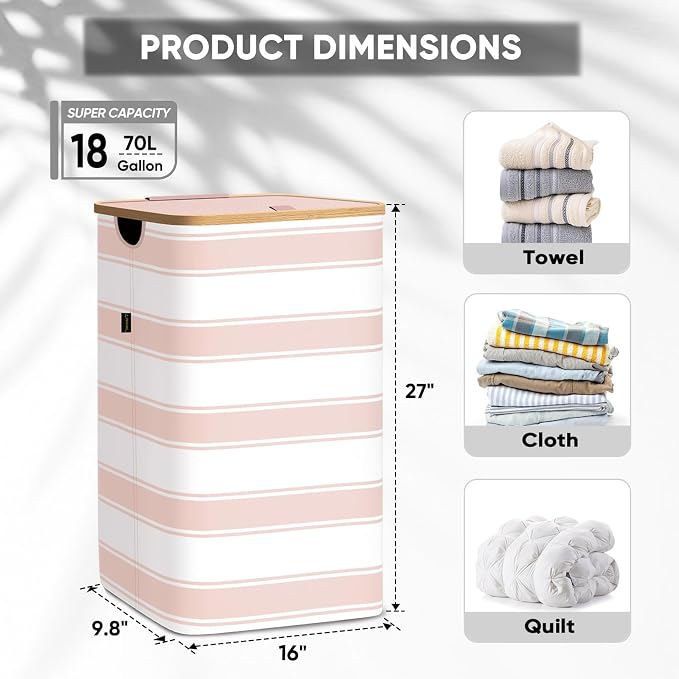 BALEINE Laundry Hamper with Lid, Tall Laundry Baskets with Bamboo Pull Handles - Image 4