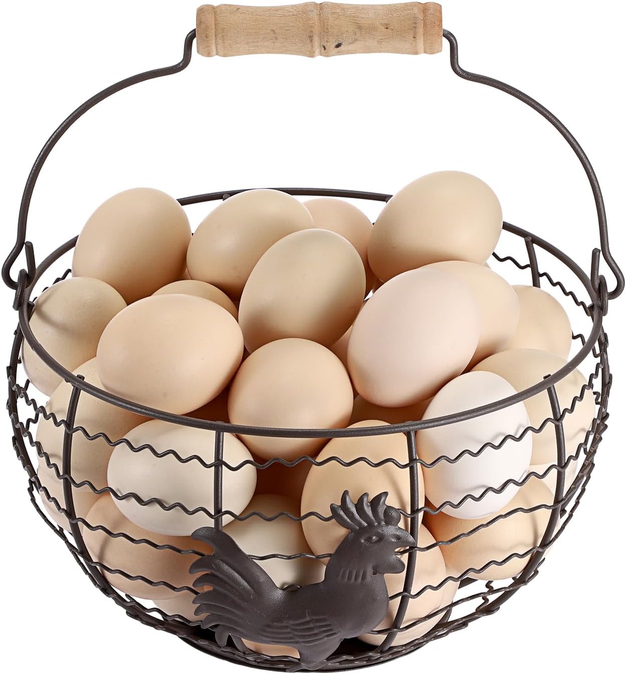 Farmhouse Egg 8'' Basket for Gathering Fresh Eggs, Wire Egg Basket | Chicken Eggs Holder for Countertop Kitchen, Wire Basket with Wood Handle, Vintage Style, Round, Rooster Pattern, Solid Bottom
