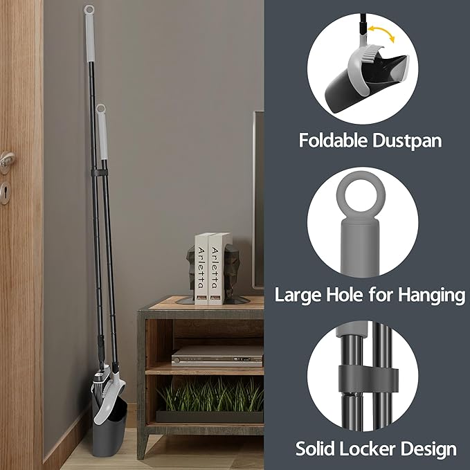 JEHONN Broom and Dust Pan, 54.3 inches Long Handle Swivel Brush, Upright - Image 9