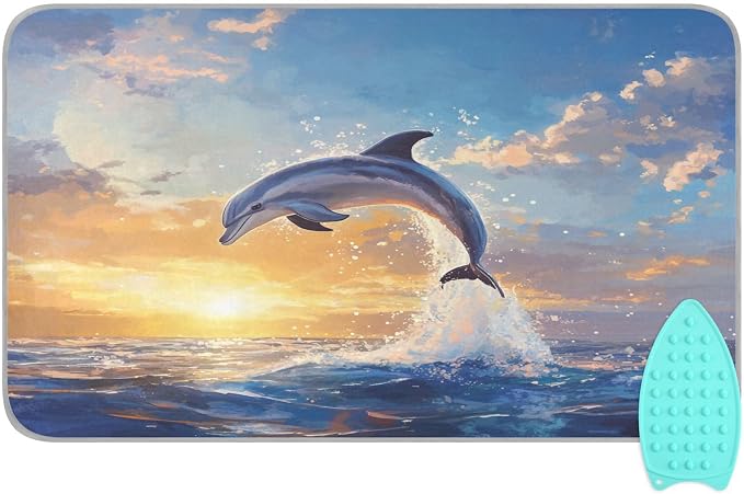 Dolphin Jumping Sunset Blue Ironing Mat Thickened Ironing Blanket Travel by QwThum