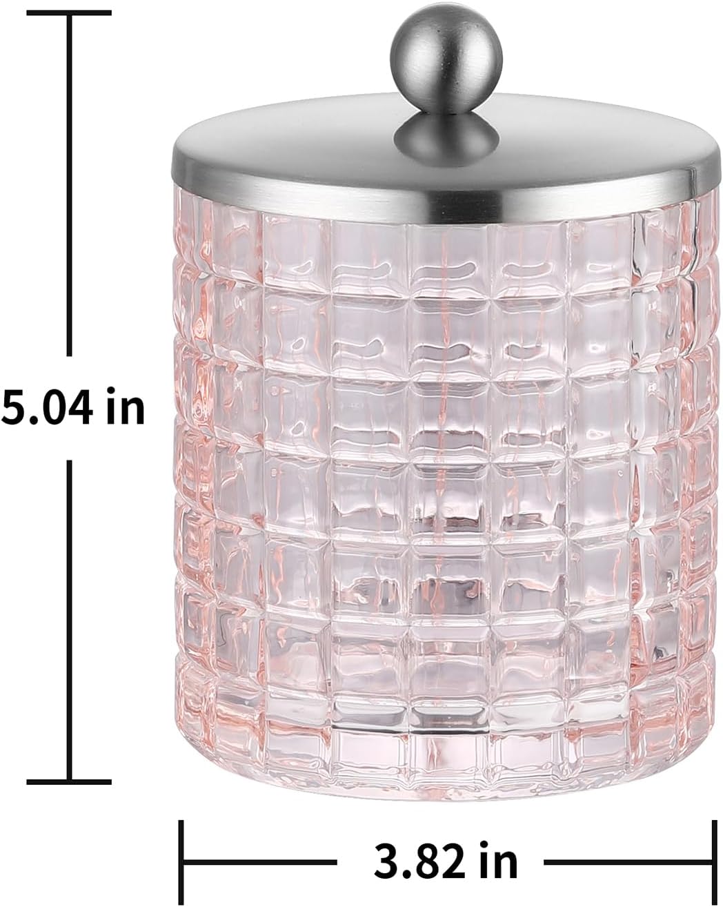 Blush Colored Tranlucent Apothecary Etched Geometric Grid Glass Jar W/Nickel Metal Lid Cover for Bathroom Organization, Cotton Balls, Q Tips, and Small Accessories, Bathroom Storage
