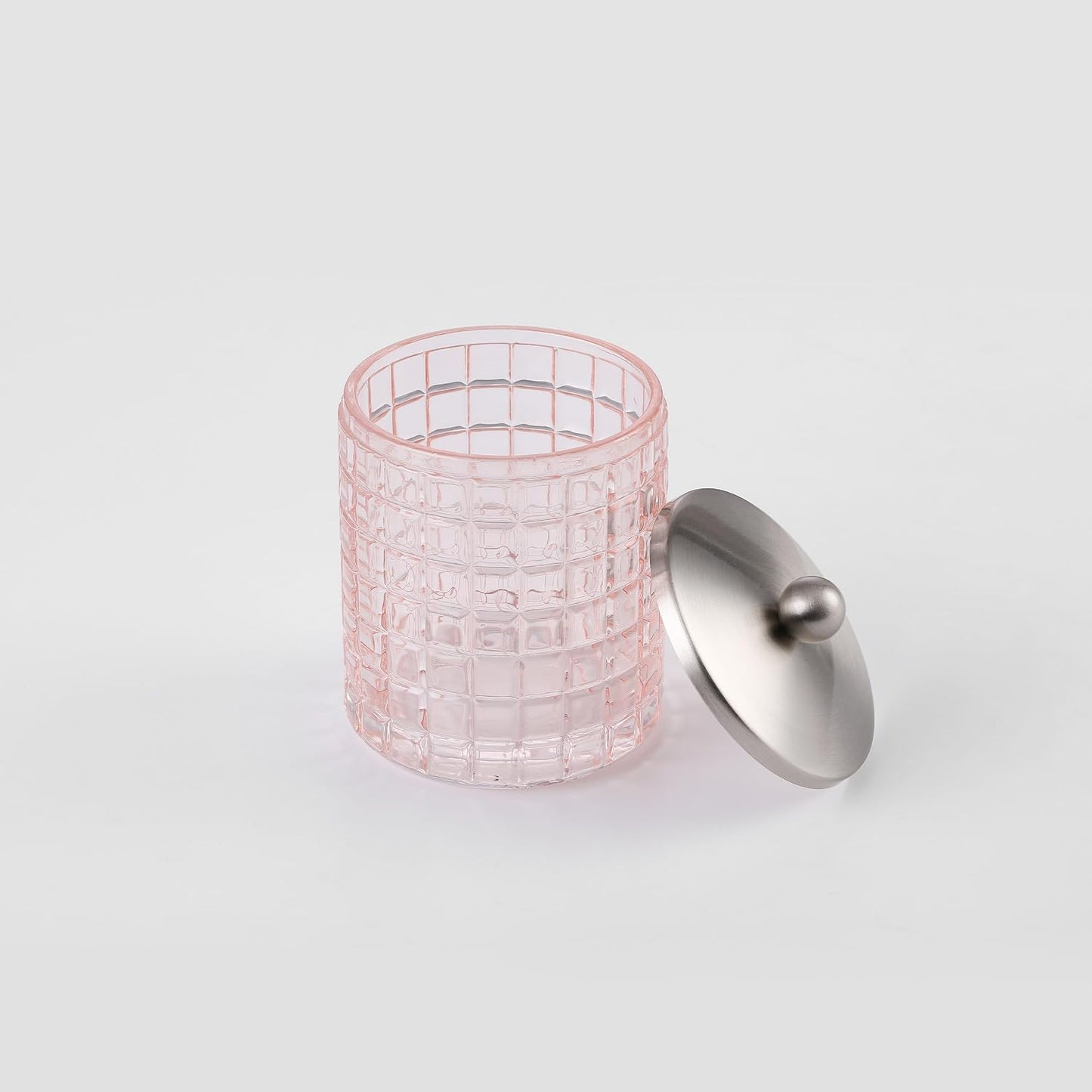 Blush Colored Tranlucent Apothecary Etched Geometric Grid Glass Jar W/Nickel Metal Lid Cover for Bathroom Organization, Cotton Balls, Q Tips, and Small Accessories, Bathroom Storage