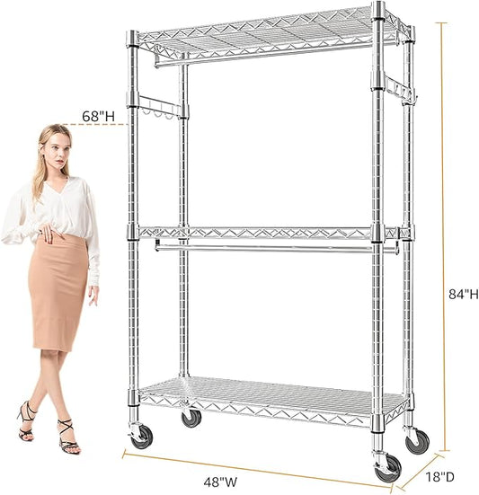 Heavy Duty Rolling Garment Rack 3 Tiers Adjustable Wire Shelving Clothes Rack - Image 2