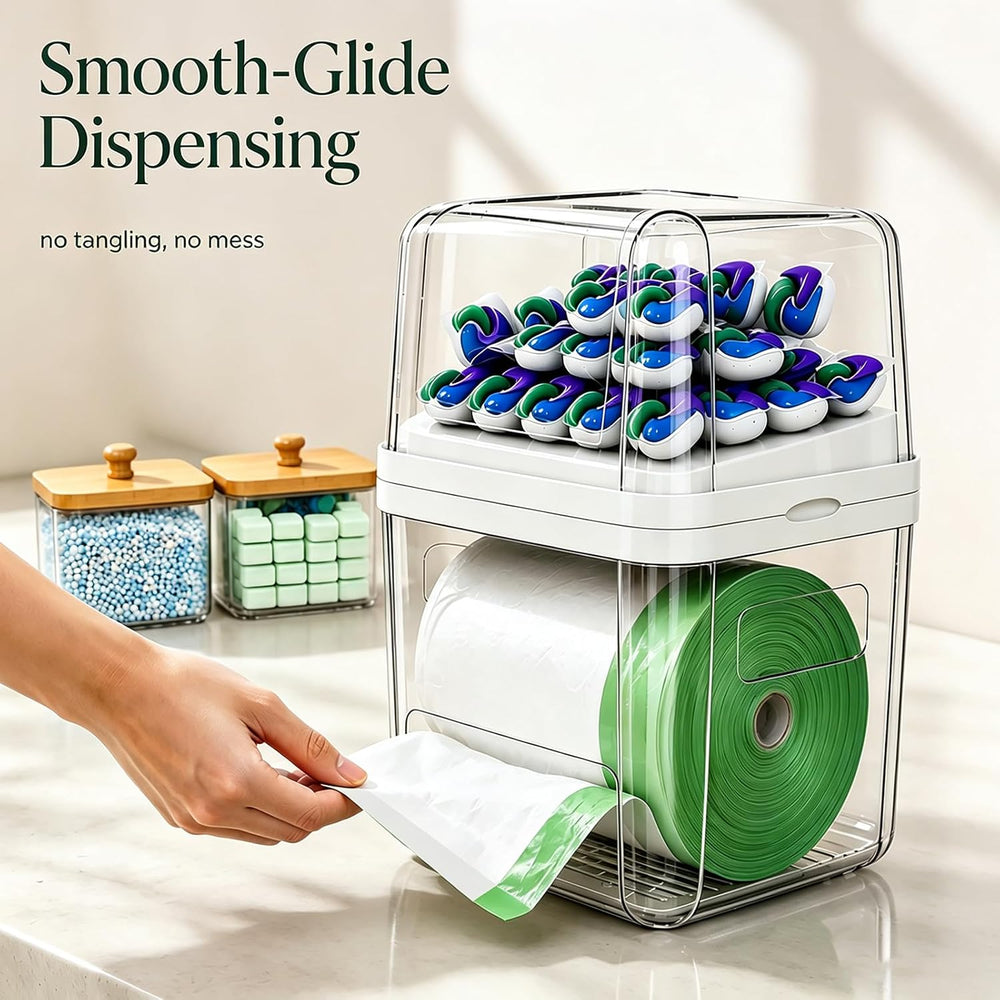 Trash Bag Holder & Dishwasher Pod Dispenser with 2 Bamboo Lid Storage Con...