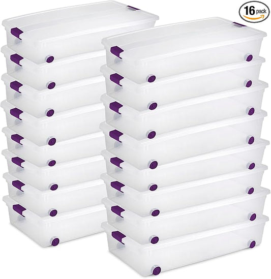 Sterilite 16-Pack 60 Quart ClearView Latch Box, Wheeled Underbed Organizer Bins by Sterilite