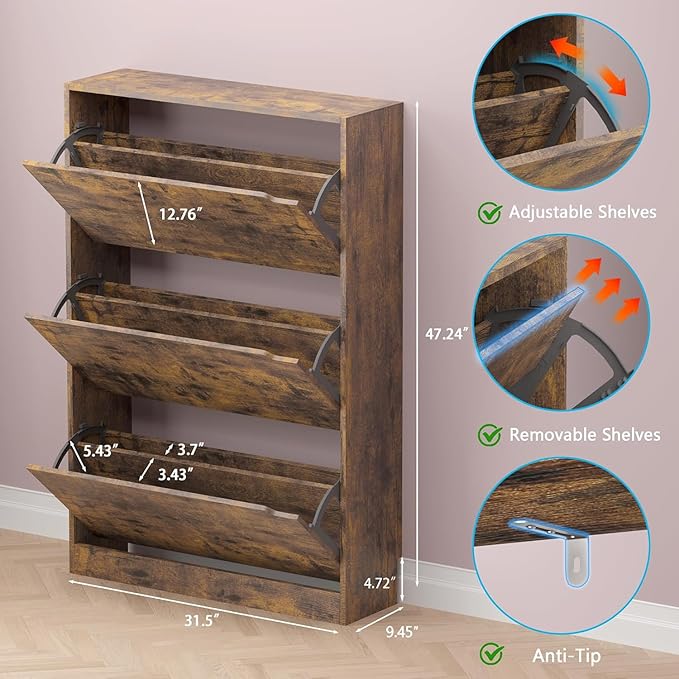 Shoe Cabinet with 3 Flip Drawers, Hidden Wood Shoe Cabinet, Freestanding Shoe